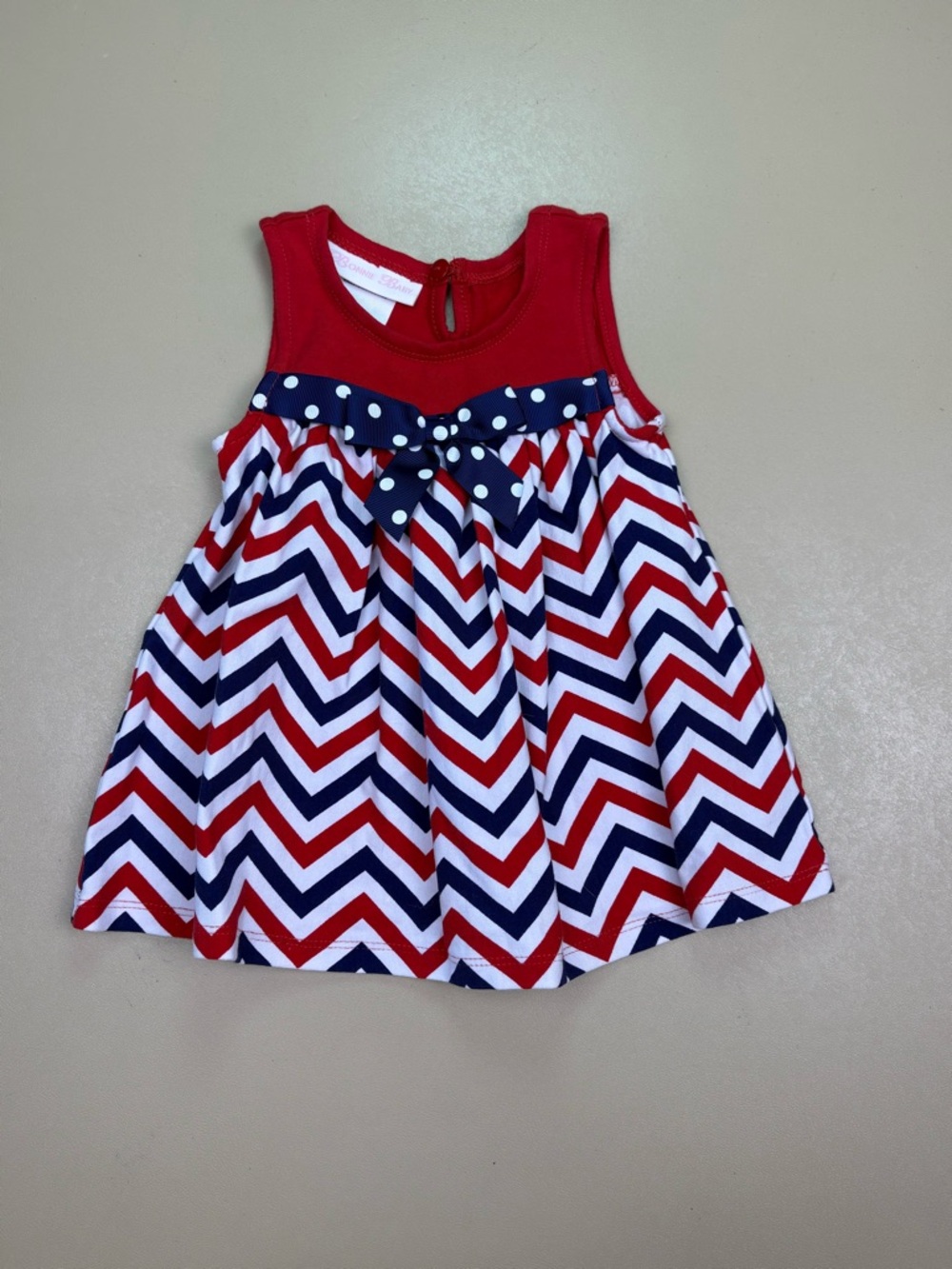 Bonnie Baby Patriotic Dress Red White Blue Chevron Bow 3-6M EUC